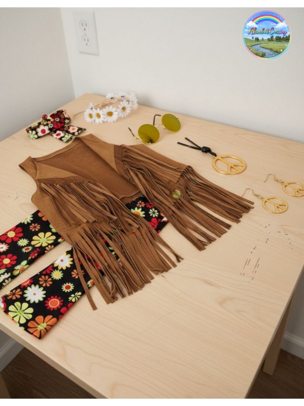 Hippie Costume Set Fringe Vest Flared Pants Peace Sign Necklace Earrings